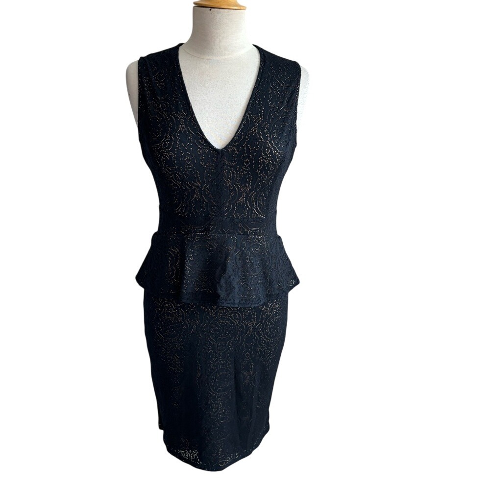 BCBG Black Eyelet Lace Peplum V-Neck Sleeveless Sheath Dress Mid Length